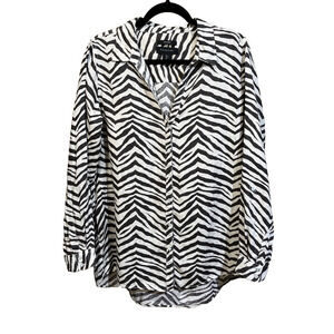 Tahari Animal Print Brown Zebra Stripe Linen Tunic Top Size XL Relaxed Flowy